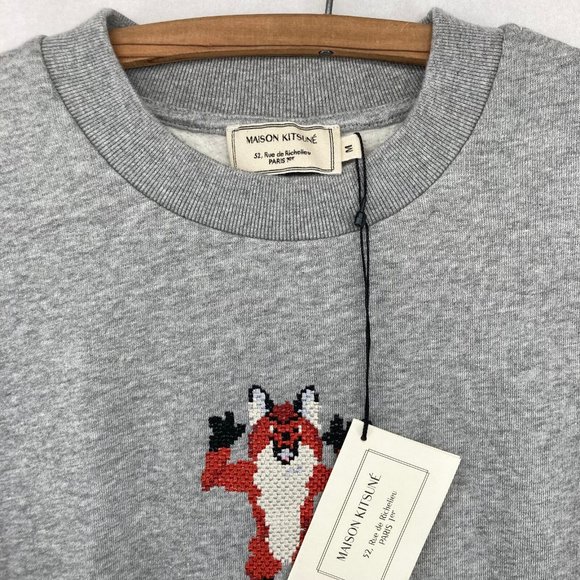 Maison Kitsune Men's Grey Pixel Fox Crewneck Sweatshirt Long Sleeve Size M NWT - Picture 2 of 10